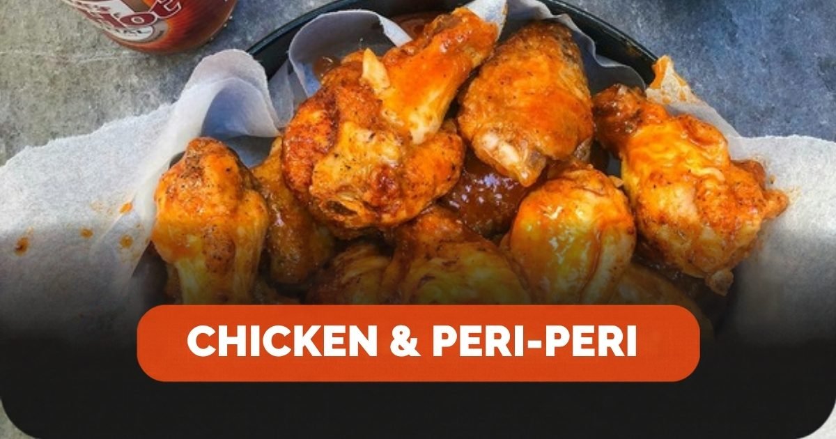 Chicken wings with the label Chicken and peri-peri