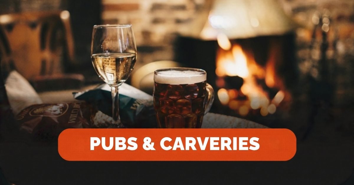 Pint by a pub fireplace with the label Pubs and carveries